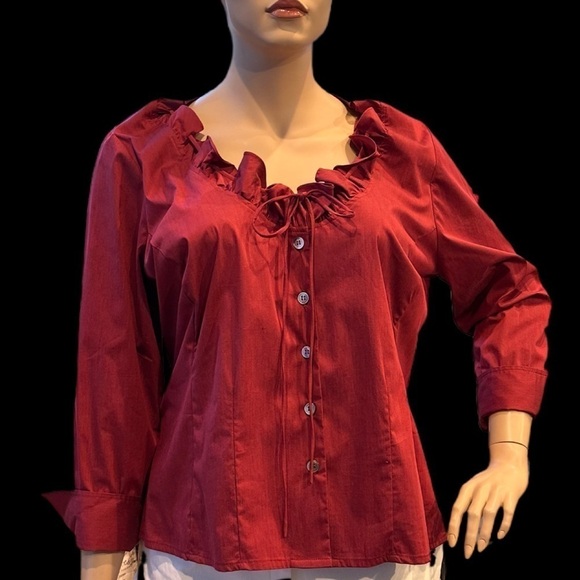 Igigi Aurelia Blouse Plus Size 22 Red Ruffled Neck Turn-Up Cuffs Button Up NWT - Picture 5 of 14